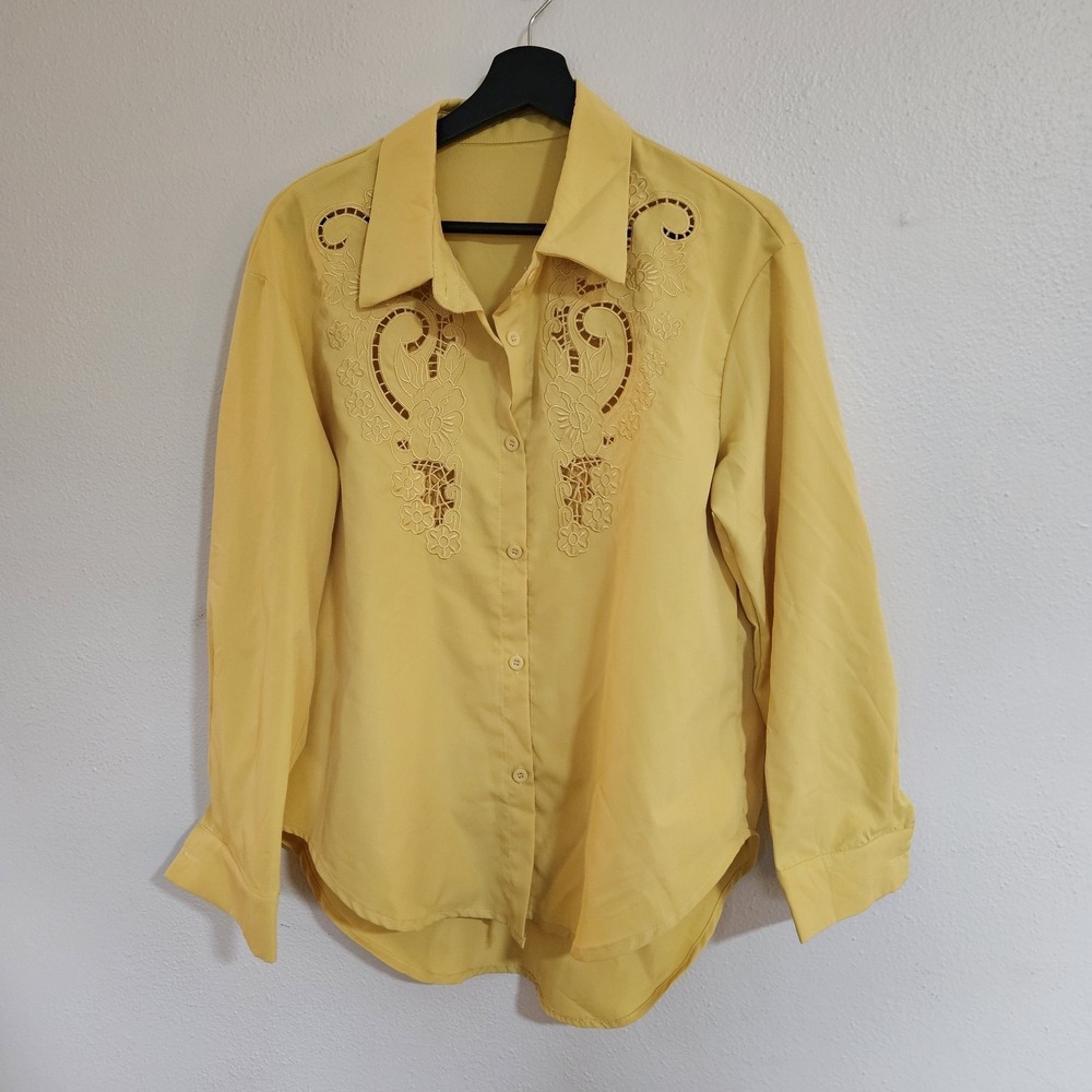 Women's Unbranded Yellow Floral Cutout Embroidered Long Sleeve Blouse (Size...